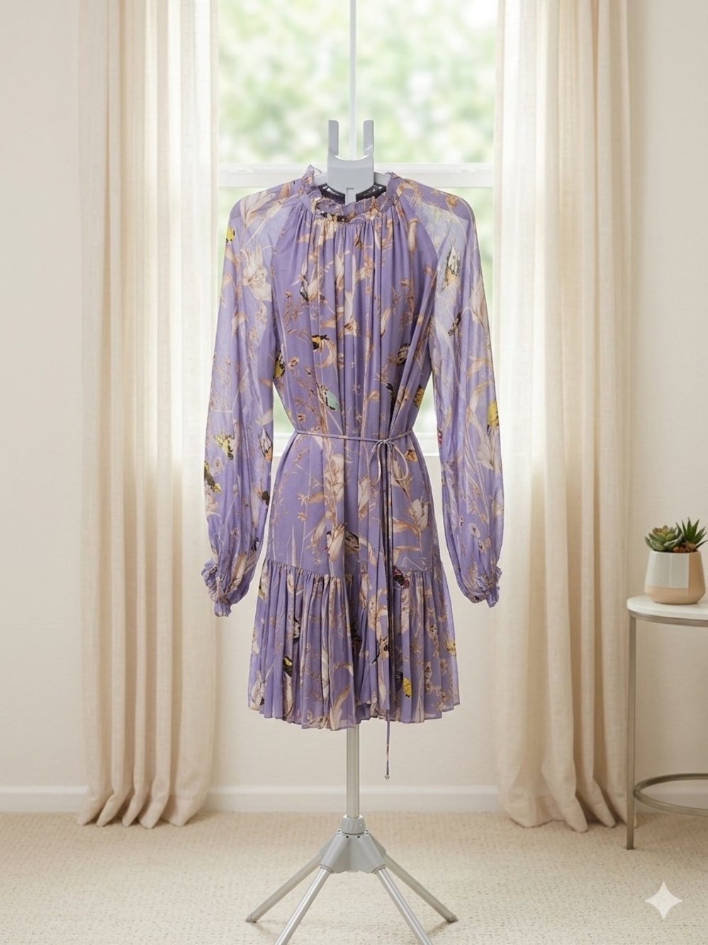 Banana Republic Lilac Botanical Bird Print Tiered Mini Dress - Size L